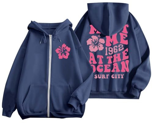 sweat a capuche femme zippé léger casual sweatshirts grande taille motif fleurs à la mode hoodie à Manches Longues avec fermeture eclair poches pull automne hiver chaud ideal manteau (Navy, S)