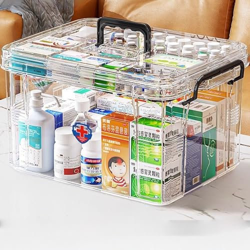 Medicine Storage Box, Household First Aid Organiser, Double Layers Multi Grid Portable Cabinet With Lid for Home (Transparent-L)