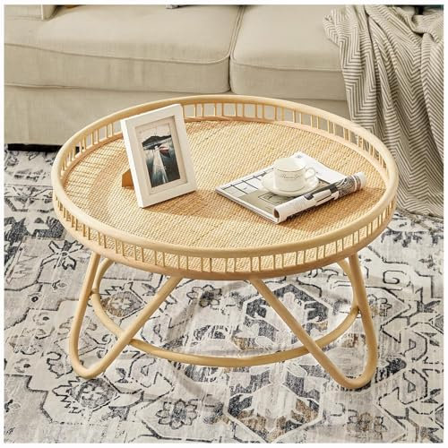 Weptrivion Table Basse Ronde en rotin, Plateau en Osier tissé à la Main de 32 Pouces de Style bohème, Table Centrale Moderne et Unique