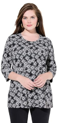 Ulla Popken Damen große Größen Übergrößen Plus Size Shirt, Blüten, A-Linie, Rundhals, 3/4-Arm schwarz 42+ 835699100-42+