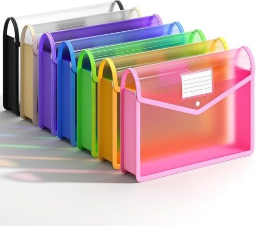 XingDuing 7 Pack Plastic Expanding File Folder, Transparent envelopes with Snap Closure, No Dividers, Large Capacity, Fit Legal/B4 Size for School, Office, Home, Hospital, 7 Colors