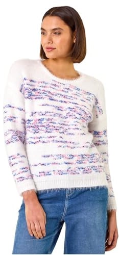 Roman Originals Fluffy Yarn Jumper for Women UK Ladies Thick Sweater Warm Cosy Chunky Knitted Pullover Winter Furry Casual Smart Textured Everyday Cuddly Soft Knitwear - Ivory Pink - Size 16
