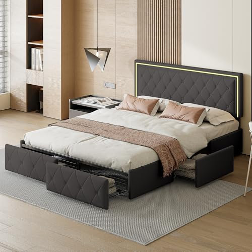 Polsterbett, Doppelbett, 160 x 200 cm mit 4 Schubladen, Polsterbett 160 x 200 cm mit USB-Anschluss, Aufbewahrungsbett mit Lattenrost, Doppelbett für Erwachsene und Jugendliche (Schwarz, 160 x 200 cm)
