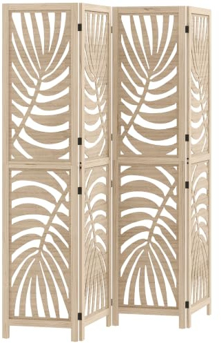 HOMCOM 4 Panel Raumteiler, klappbar, Naturholz | Abnehmbar, tragbar, Sichtschutz, freistehend, Trennwand, Palmblatt-Design, Home Office, Schlafzimmer
