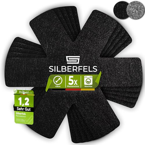 SILBERFELS Filz Pfannenschutz Stapelschutz Extra Weich | 38 cm [5er Set] Schwarz | Waschbar Zuschneidbar Hitzebeständig | Pfannenschoner Kratzschutz Pfannentrenner für Pfannen & Topf Schutz