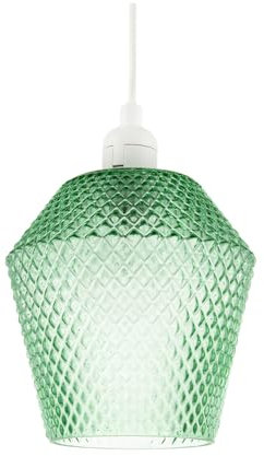 Happy Homewares Modern and Compact Emerald Green Glass Diamond Design Easy Fit Pendant Lamp Shade for Kitchen, Lounge, Dining Room etc | 17cm x 17cm