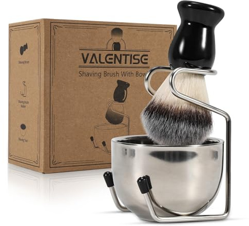 VALENTISE Shaving Brush, 3 In 1 Shaving Brush Set Includes Stainless Steel Shaving Stand and Bowl, Synthetic Badger Hair Shave Brush for Men's Shave Gift