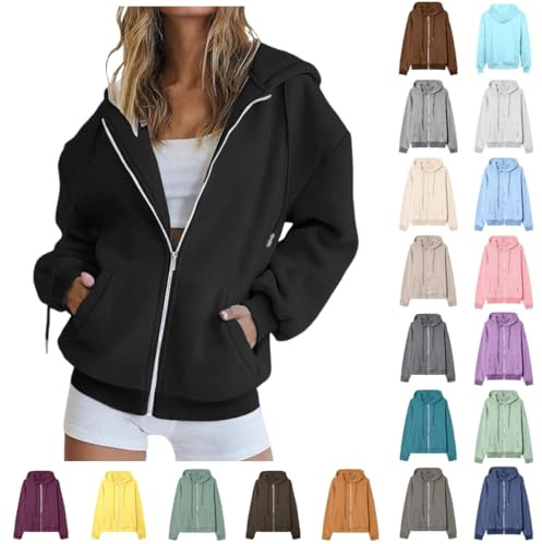 Felpe da donna a maniche lunghe con zip con cappuccio leggere casual a maniche lunghe con tasche cappotti con cappuccio larghi abiti, #1 Nero-b, 3XL