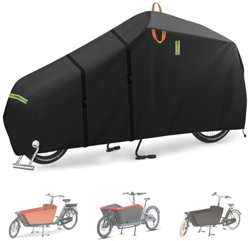 Lastenrad Abdeckung‌, 270x85x100cm Alles-in-Eins-Schutz ‌Lastenrad Schutzhülle‌, 420D Oxford Wasserdicht Windfest UV-beständig, mit Reflexstreifen und Metallverschlüssen für ‌Lastenfahrrad‌