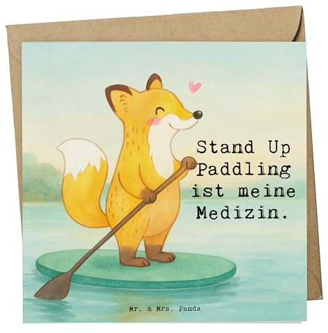 Mr. & Mrs. Panda Klappkarte Fuchs Stand Up Paddling Design - Geschenk, SUB, Glückwunschkarte, Paddle, Subben, faltkarte, Grußkarte, anlasskarte, doppelkarte, Boarding