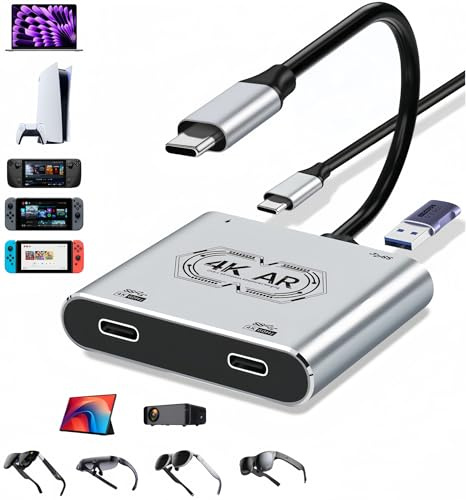 Muchfox USB C to Dual AR Glasses and Charging Adapter, Charger and Play, up to 4K@60Hz PD 100W Fast Charging, Compatible Switch OLED, Steam Deck, iPhone 16, Connect Viture/Rokid/Xreal AR Glasses