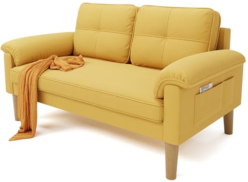 Xbro Sofa 2 Sitzer, Kleine Couch 2 Sitzer mit Armlehne und Seitentasche, Modernes Stoffcouch für Wohnzimmer,Wohnung,Büro,Einfache Montage, 144 x 77 x 77 cm, Gelb