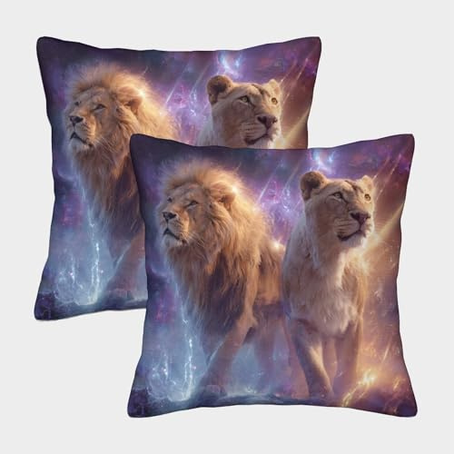 POLIUAWS Kissenbezug mit Löwin- und Löwenmotiv im Kosmos-Print – 2er-Pack Kissenbezüge für Mütter mit Hotelverschluss, 40 x 40 cm