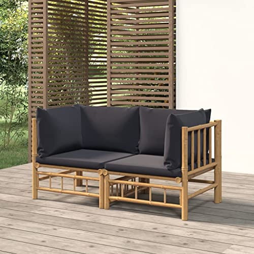 JHQHSM Lot de 2 canapés d'angle de jardin en bambou avec coussins gris foncé, pour terrasse et balcon, design modulaire durable avec rembourrage pour un confort d'assise élevé, meubles d'extérieur