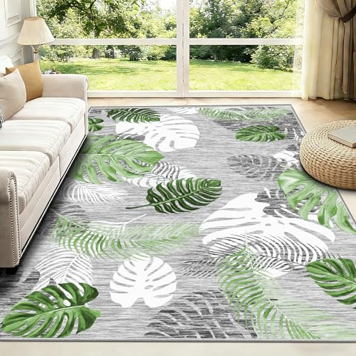 FTCJWL Teppich Grün Kurzflor,Waschbarer Teppich Wohnzimmer 120x170cm,Weich rutschfest Groß Tepich mit Blattmuster Rugs for Living Room Schlafzimmer Esszimmer Kinderzimmer Teppiche Büro