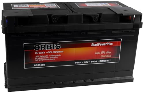 Starterbatterie 12 V 95 Ah DIN 59502 – wartungsfreie Autobatterie Orbis BS59502 mit hoher Startleistung, gefüllt & geladen für PKW, SUV & Transporter | BaSBa 4927