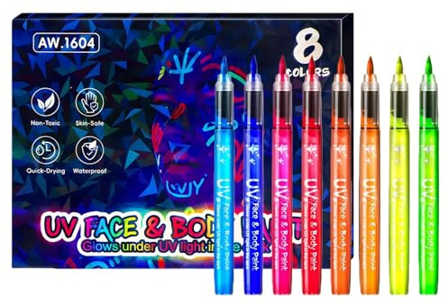 Wcybym Marqueurs de peinture pour le visage – Stylo de maquillage imperméable réactif aux UV | Peinture UV pour le visage et le corps – Pour , amis, étudiants, hommes, femmes, Halloween, fête