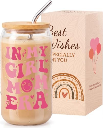 VivaJoy in My Girl Mum Era Glass Coffee Cup with Lid & Straw - Mum to Be Gifts, Pregnancy Gift for Expecting Mums, New Baby Gift for Girl Mama, Birthday Christmas Mother's Day Present