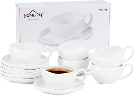 HOMELUX Espressotassen Set 6-Teilig mit Untertasse, 120ml Keramik, Weiß | Kaffeetassen Mit Untertassen, Kaffeeservice 6 Personen Steingut Tassen, Dickwandig, Spülmaschinenfest, mit Griff