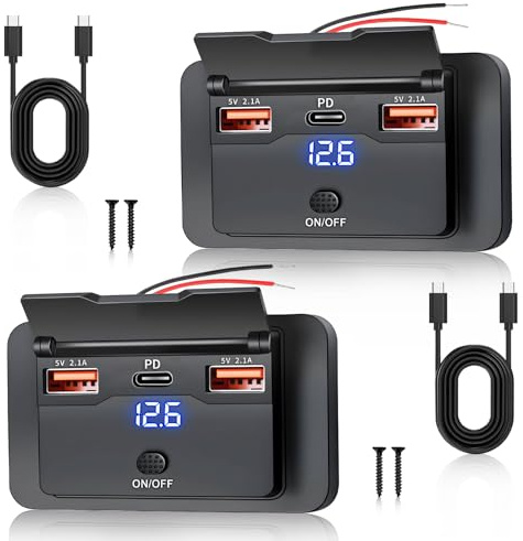 SRunDe 2 Pezzi Presa USB da Pannello 12V 51W USB C 36W & Doppio USB 10.5W | 3 Porte Prese usb 12 Volt per Camper Incasso Interruttore On/Off Voltometro per Auto Autobus Trattore Golf Cart Barche