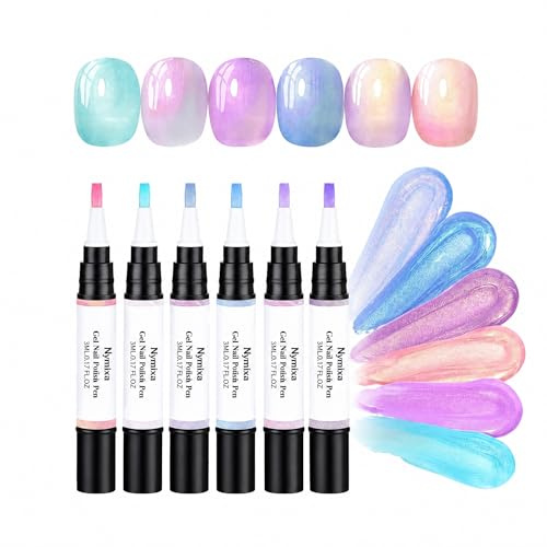 6 Colors UV LED Gel Nail Polish Pens, No Base & No Top Coat Required, Iridescent Color Shifting Shimmer Effect, 5ML Per Pen, 30ML Total Set