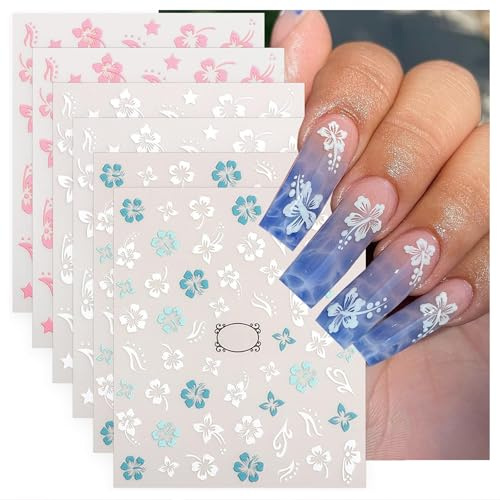Exylosluxek Nagelsticker Blumen, 6 Blätter Selbstklebende Sommer Nagelaufkleber mit Blumenmuster, 2 Blaue, 2 Weiße, 2 Rosa Motive für DIY individuelle Nageldesign & Nagelkunst