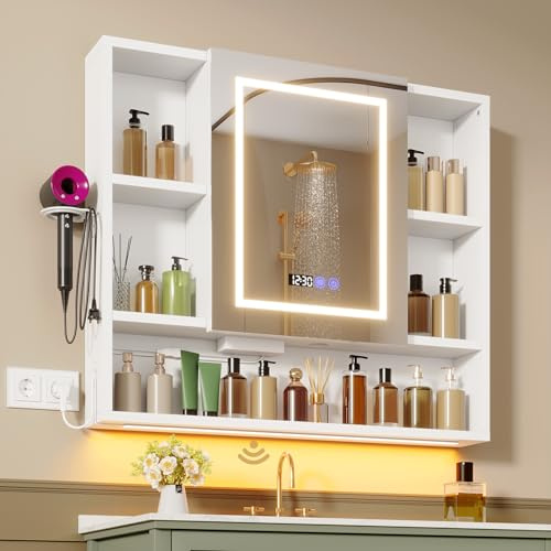 Spiegelschrank Bad mit Beleuchtung & Steckdose+USB 90x16x80cm Badezimmerschrank mit Offenes Ablagen und Verstellbarem Regal Haartrockner-Halter 3 Farbtemperatur dimmbare, Entfogging-Funktion, Weiß