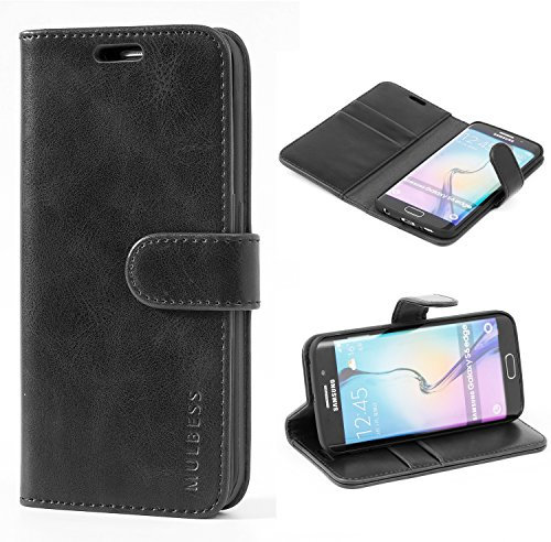 Mulbess Hülle für Samsung Galaxy S6 Edge Handyhülle, Flipcase mit Stand Funktion, TPU Stoßfeste, Etui Karten Schutzhülle, Vintage Schwarz