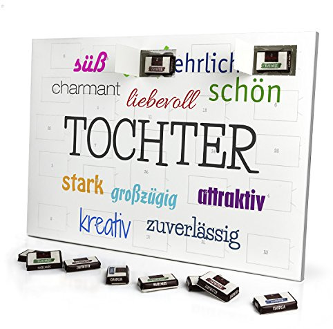 printplanet - Adventskalender mit Namen Tochter - gefüllt mit Schokoladen-Füllung - personalisiert mit Namens-Motiv Positive Eigenschaften - Schoko-Kalender, Weihnachtskalender