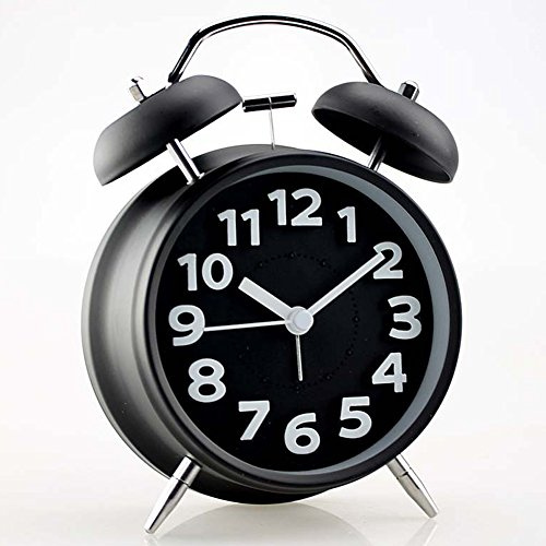 Topkey 4” Twin Bell Alarm Clock Non-ticking Bedside Table Travel Clock Vintage Alarm Clock With Nightlight and Loud Alarm, Battery Operated (Not Included) - Black