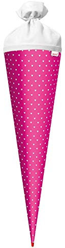 ROTH Bastel-Schultüte groß Knallpink - weiße Herzen 70 cm - rund Rot(h)-Spitze und Filzverschluss Weiss
