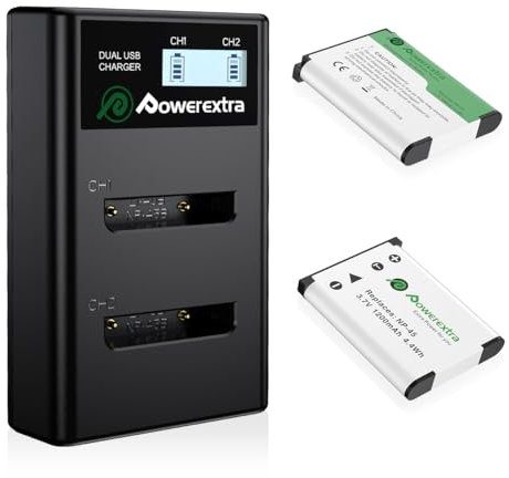Powerextra EN-EL10 NP-45 NP-45A Li-40B Battery and Dual LCD Charger (2x1300mAh)- Compatible with Fujifilm INSTAX Mini 90 FinePix XP Series,Replaces Olympus Li-42B, ReplacesNikon EN-EL10 Li-40B