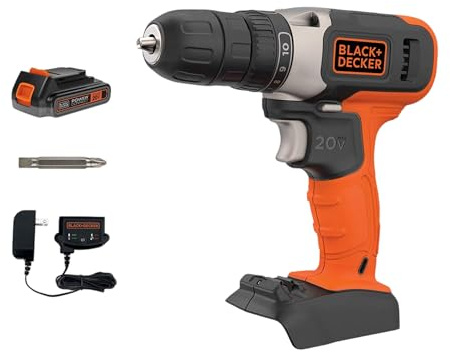 BLACK+DECKER 20V MAX Cordless Drill Kit with ‎Battery, Charger, Includes Double Sided Drill Bit (BCD702C1)