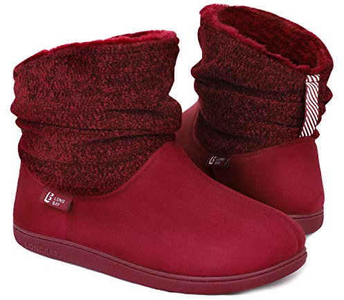 LongBay Ladies' Warm Chenille Knit Bootie Slippers Women's Comfy Suedette Fluffy Faux Fur Memory Foam Boots House Shoes(7-8 UK,Red)