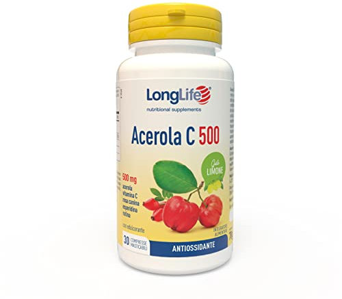 LongLife® Acerola C 500 | Integratore masticabile con acerola, vitamina C, rosa canina, esperidina e rutina | Difese immunitarie e antiossidante | 30 compresse | Gusto limone | Vegano e senza glutine
