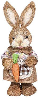 Darringls Lapin de Pâques Debout en Paille pour décoration de Pâques Lapin de Pâques Debout Figurine de Lapin Debout avec Panier de Carotte Lapin de Pâques en Paille Décoration de Pâques