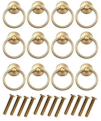 FANGZHE 12PCS Vintage Kitchen Cupboard Knobs Pulls, Handle Painted Gold Round Cabinet Knob Retro Drawer Door Cupboard Dresser Drop Ring Pull Handle with Screws Copper Cupboard Handles (Gold)