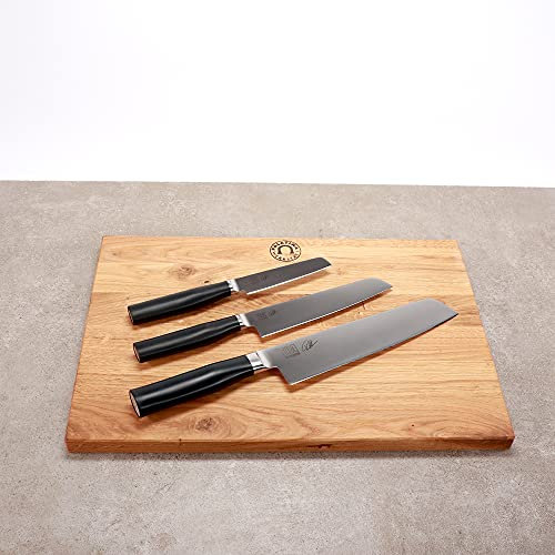 Kai Tim Mälzer Kamagata Set, Officemesser TMK-0700 + Allzweckmesser TMK-0701 + Hybridkochmesser TMK-0770 + XXL Schneidebrett 40x27 cm Eiche Angebot statt 339,00 €