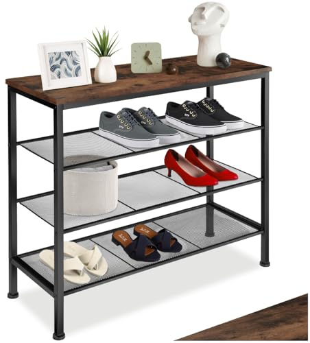tectake 800955 Schuhregal schmal mit Ablagefläche, Schuhablage aus Holz Metall, Industrie-Design, 4 Ebenen mit 3 Gitterablagen, 80,5 x 30,5 x 72,5cm, schwarzes Metallgestell (Dunkelbraun | Nr. 404293)