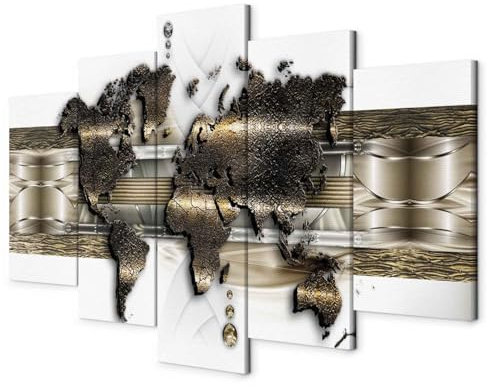 B&D XXL - Weltkarte Bilder für Wohnzimmer 150x75 cm 5 tlg Modern Leinwandbild Groß Wandbilder auf Leinwand XXL Schlafzimmer Wanddekoration Abstrakte Landkarte - Kontinente World Map k-A-0022-b-n