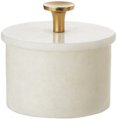 Queenza Salero de mármol Makrana blanco con tapa y perilla de latón, caja de sal y pimienta de 3 pulgadas para cocina - Salero Kosher, recipiente y caja de especias