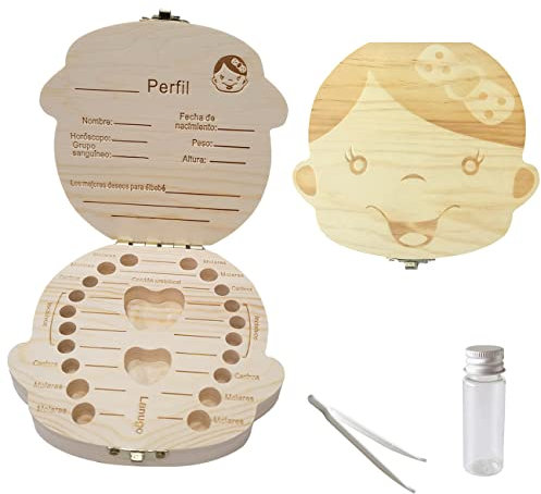 Sonfedo Caja para guardar dientes para niños, Regalo en madera de souvenir, Acumulación de dientes (Niña)