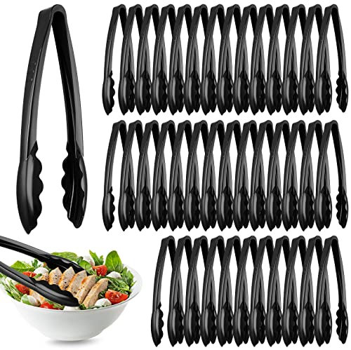 50 Pcs Plastic Tongs for Serving Bulk, 9 Inch Plastic Serving Tongs, Disposable Serving Utensils Tongs, Heavy Duty Plastic Salad Tongs for Kitchen Buffets BBQ Events Catering Party(Black)