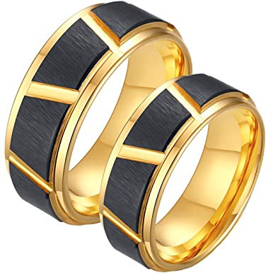 BCughia Eheringe Paar, Wolframcarbid Ring Wolframcarbid Vergoldeter Schwarzer Gebürsteter Ring 8mm Damengröße 60 (19.1), Herrengröße 57 (18.1)