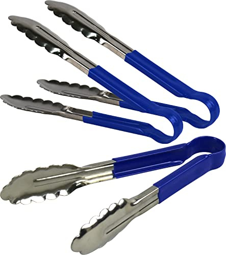 3X Catergold Professional Stainless Steel Cooking Tongs Set (9, Blue)