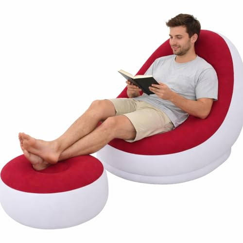 eBoutik - Deluxe Aufblasbarer Loungesessel & Fußhocker - Weicher Stoff Indoor & Outdoor Liege - Ideal für Garten, Haus, Gaming & Entspannung (Rot)