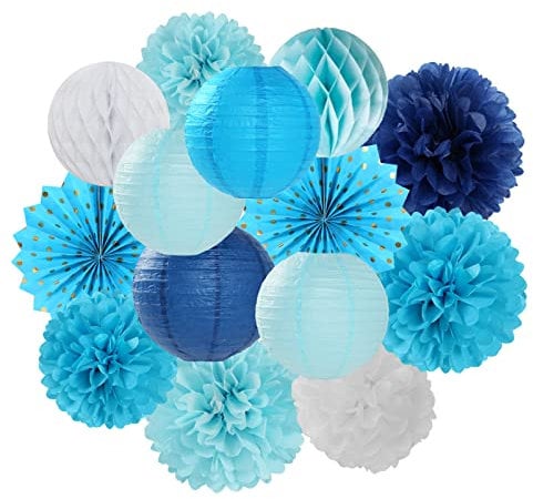 Light-Royal Navy-Blue White Party-Decorations Streamers - 14pcs Boy Birthday Baby Shower Paper Lanterns Fan,Tissue Pom Poms,Honeycomb Balls,Bachelorette Bridal Wedding Engagement Decor