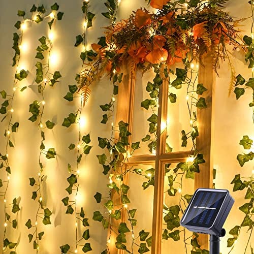 PhilzOps Lichterkette Außen Solar, 10M 100 LED Efeu Künstliche Solar Lichterkette Aussen 8 Modi Wasserdicht Solarlichterkette für Garten Balkon Terrasse Bäume Zimmer Party Hochzeiten Deko, Warmweiß