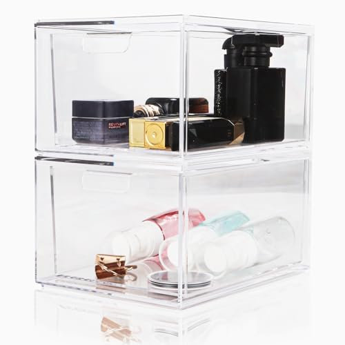 AKOLAFE 2er Set Kosmetik Organizer Durchsichtig Aufbewahrungsbox mit Schubladen Stapelbare Schubladenbox Kunststoff Groß Acryl Kosmetikorganizer zur Aufbewahrung für Badezimmer, Make up, Küchenschrank
