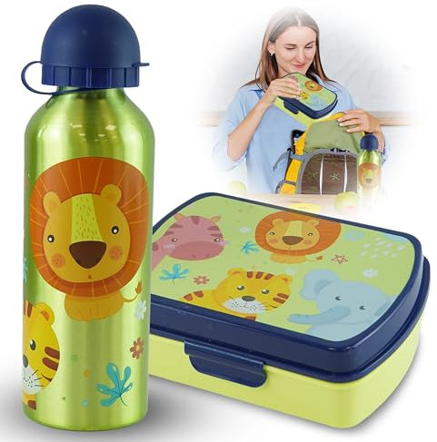 Jungle Lunchbox with Summer Water Bottle Set for Kids 500ml Lunch Set for Children with Back to School Travel Beaker & Lunch Box - Salad Lunch Boxes for Adults, Kids